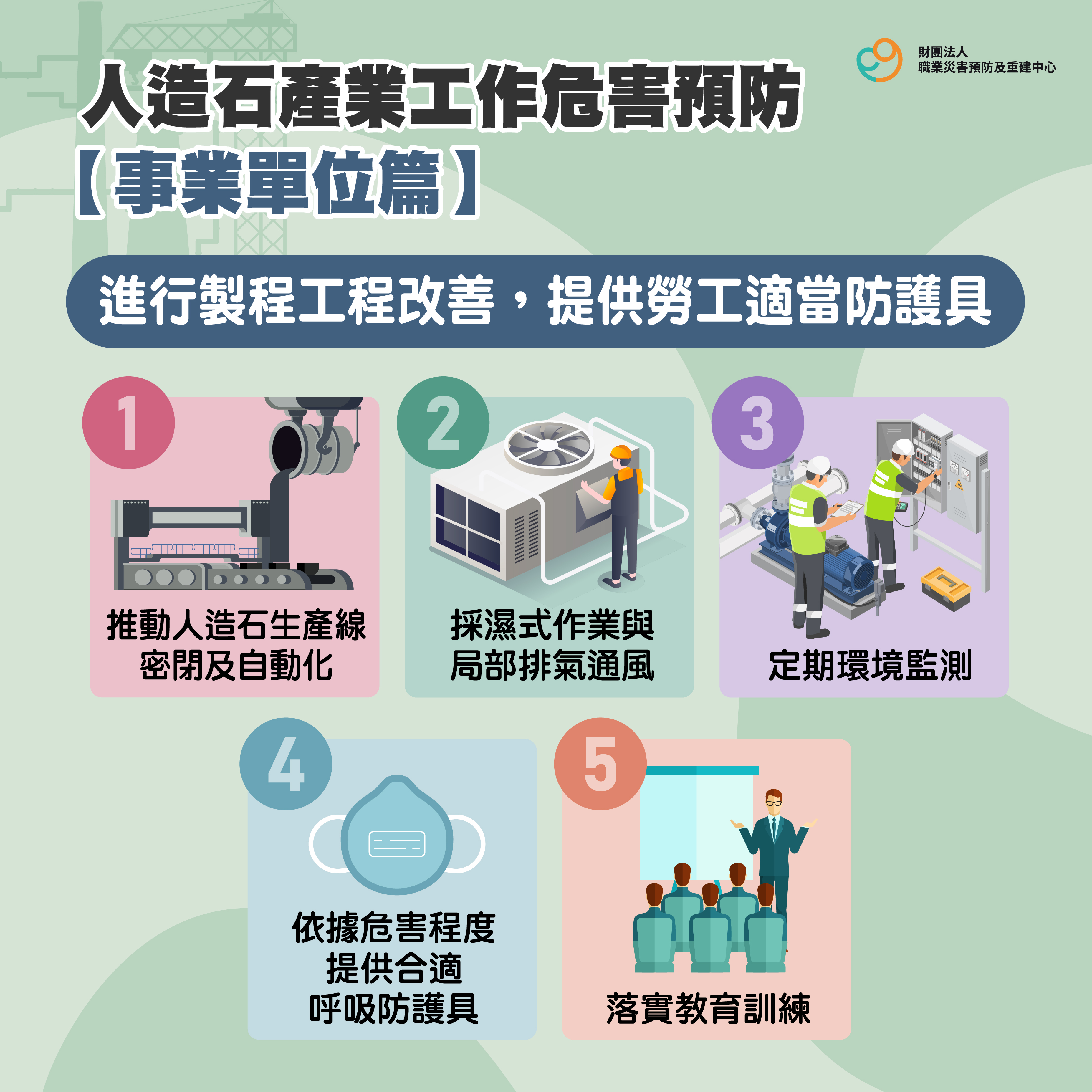 事業單位與雇主在生產、再製及使用人造石加工之事業單位宜評估進行製程工程改善