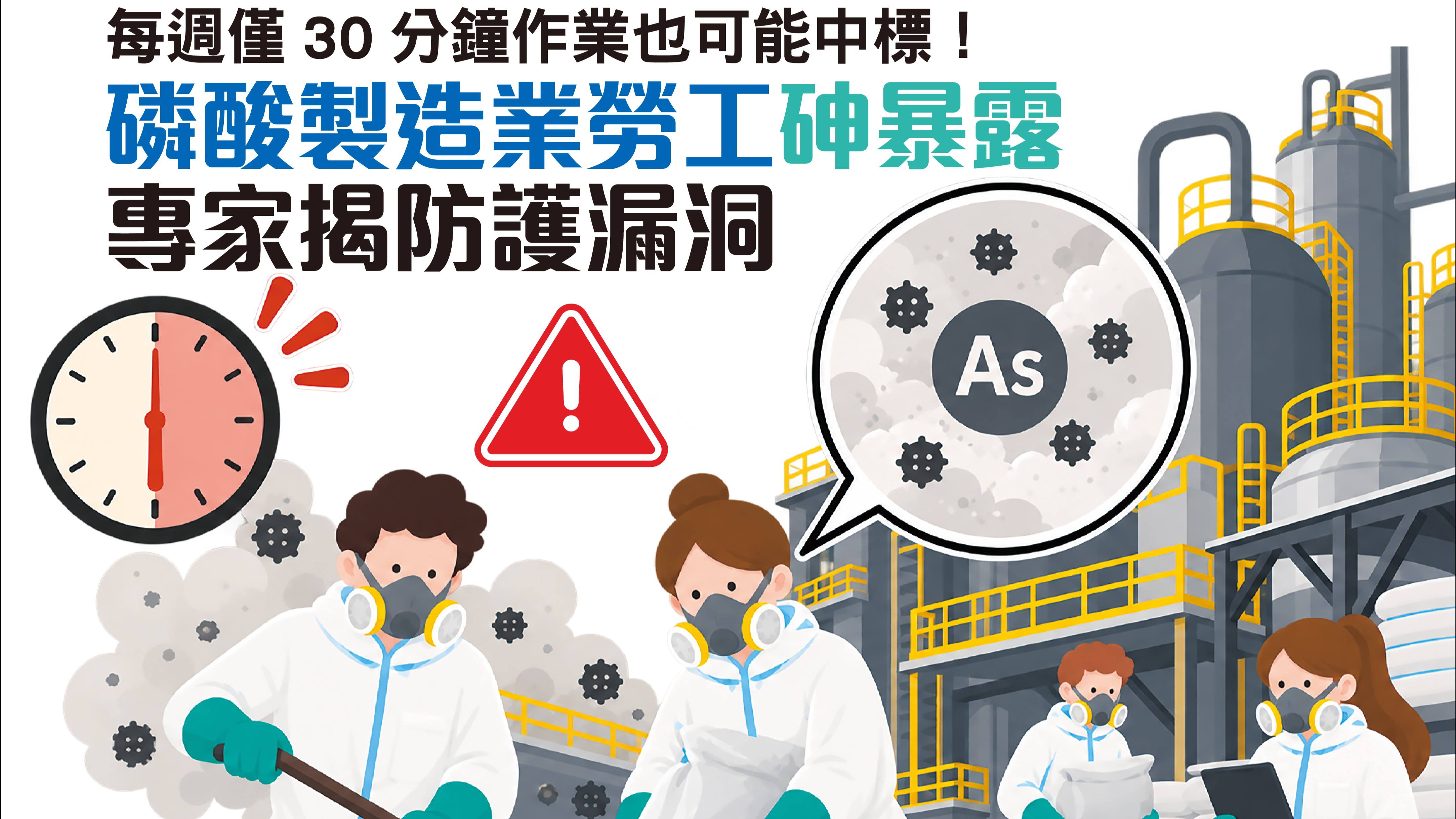 職災有靠山 健康報報｜第14期 每週僅30分鐘作業也可能中標！ 磷酸製造業勞工砷暴露，專家揭防護漏洞